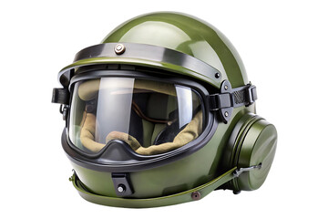 Helmet, Olive green protective with clear visor and side filters, cutout, PNG, isolated on transparent background, AI