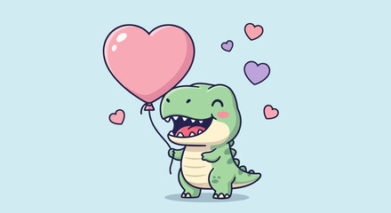 Sweet Green Cartoon Dinosaur Character Joyfully Holding a Pink Heart Balloon Surrounded by Floating Love Hearts © Hadi