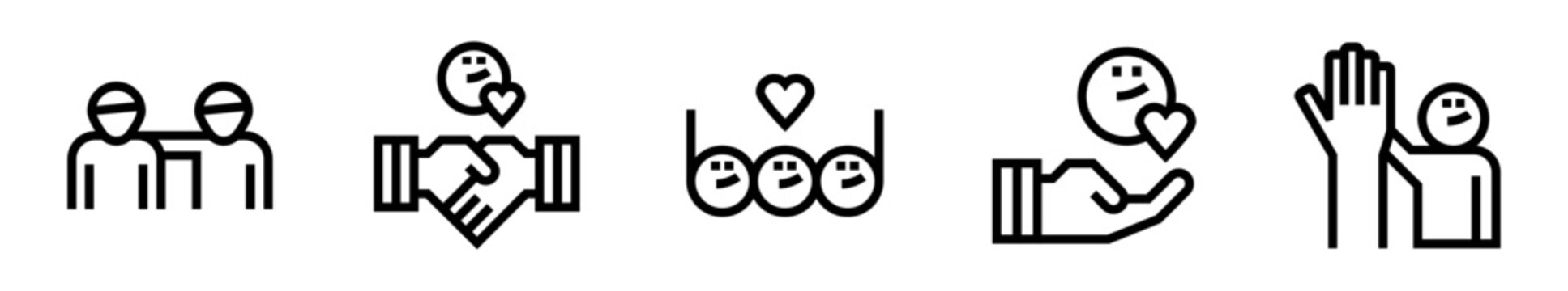 Conjunto de iconos de amistad. Abrazo afectivo, confianza mutua, conexi&oacute;n emocional, apoyo sincero, celebraci&oacute;n entre amigos. Ilustraci&oacute;n vectorial lineal
