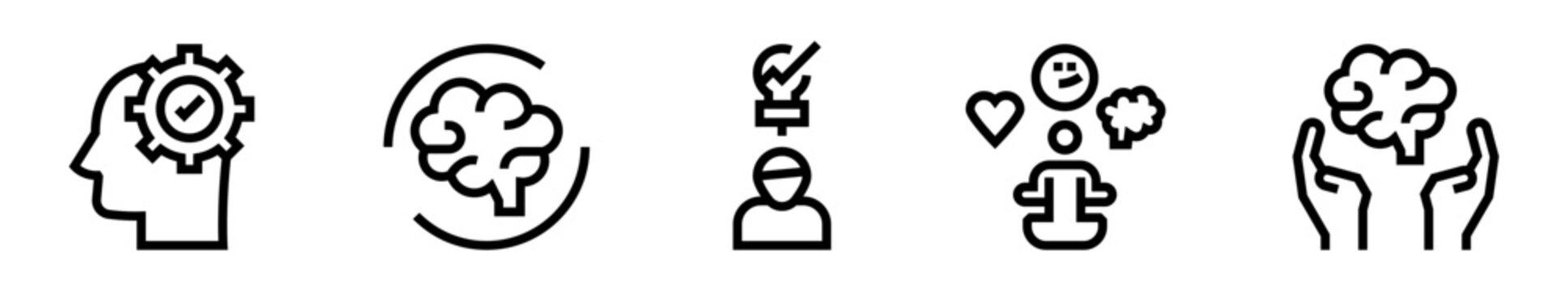 Conjunto de iconos de mentalidad. Pensamiento positivo, aprendizaje continuo, ideas validadas, meditaci&oacute;n, equilibrio mental. Ilustraci&oacute;n vectorial lineal