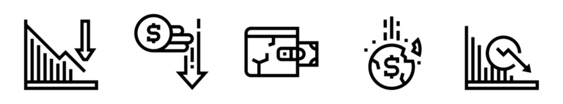 Conjunto de iconos de crisis financiera. P&eacute;rdidas econ&oacute;micas, ca&iacute;da de ingresos y riesgo monetario. Ilustraci&oacute;n vectorial lineal