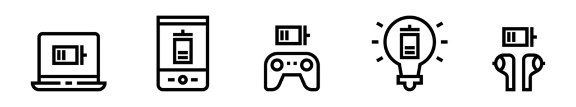Conjunto de iconos de bater&iacute;a en dispositivos. Energ&iacute;a, carga digital, autonom&iacute;a y consumo tecnol&oacute;gico. Ilustraci&oacute;n vectorial lineal