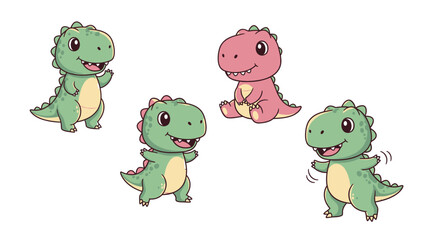 Fototapeta premium Set of Four Adorable Cartoon Baby Dinosaurs in Green and Pink, Smiling and Playfully Posing on a White Background