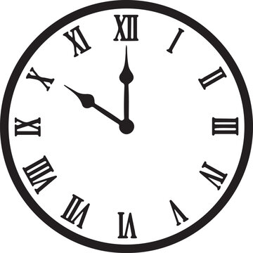 White clock face with roman numerals and black hands showing twelve oclock