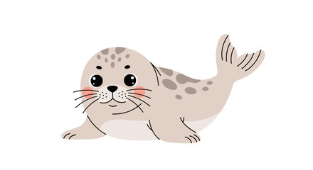 Obraz premium Adorable cartoon seal pup resting happily with cute spots and whiskers, ideal for children's book illustration, educational resource, or playful design on kids products because.