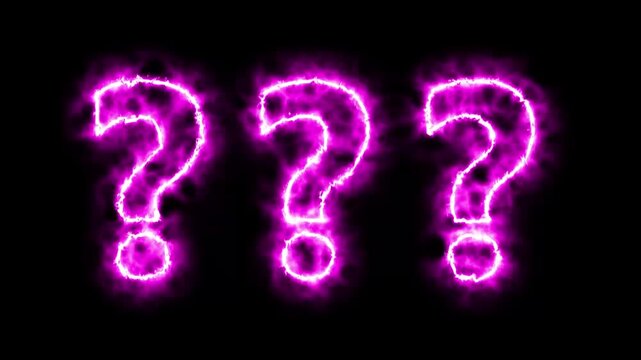 Flaming question marks burning with bright fire on black background symbolizing uncertainty