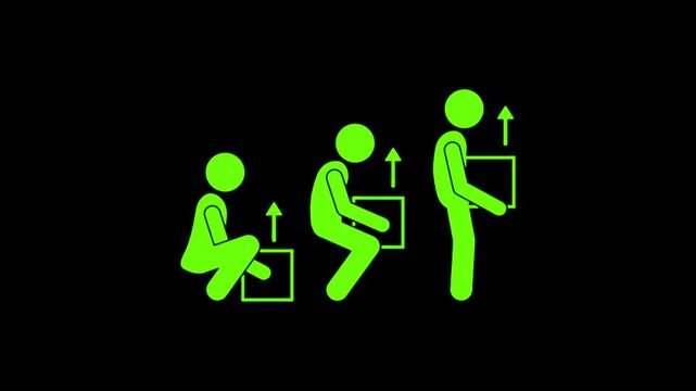 Lifting heavy safely neon green stick figures demonstrating proper lifting techniques with arrows on black background