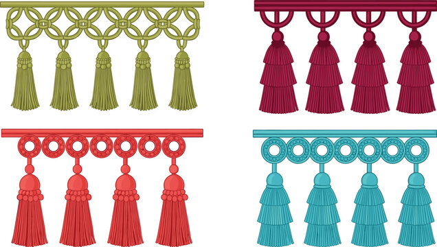 Decorative curtain tassel fringe vector set with colorful hanging trims for interior textile design
