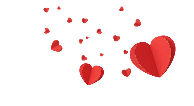 Paper Red hearts floating isolated on white or transparent background