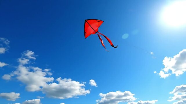 Vibrant red kite soars high against a brilliant blue sky with fluffy white clouds and bright sunshine over a lush green field perfect for summer themes