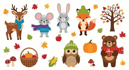 Fototapeta premium Cute Autumn Forest Animals and Fall Elements Collection.