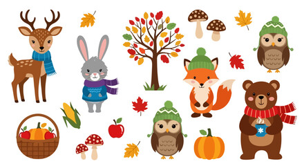 Fototapeta premium Autumn forest animals and elements set, cute deer, rabbit, fox, bear, and owls with fall leaves and pumpkins.
