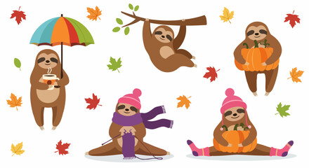 Fototapeta premium Cute Sloths Enjoying Autumn Activities Set.