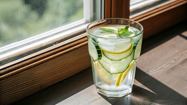 Teko kaca dan gelas berisi air infus dingin dengan irisan timun segar, lemon, dan daun mint di