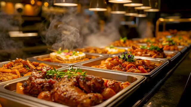 Hot buffet counter with steaming cooked dishes under warm lights, professional catering service presenting diverse prepared meals