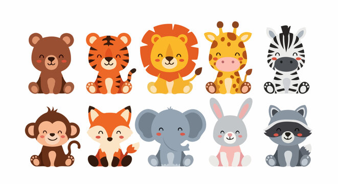 Adorable collection of cartoon baby safari animals sitting, including a bear, tiger, lion, giraffe, zebra, monkey, fox, elephant, rabbit, and raccoon.