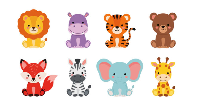 Adorable collection of eight cartoon baby safari animals, including a lion, hippo, tiger, bear, fox, zebra, elephant, and giraffe, all sitting cutely.