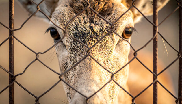 Detailed shot of a deer-like mammal behind a metal mesh barrier in a zoo or sanctuary enclosure.