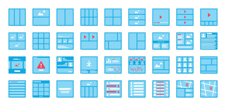 UX UI kit. Web flow wireframe. Website interface or flowchart mockup elements for mobile site. Map navigation. Browser window. Messenger chat. Picture album. Vector design templates set