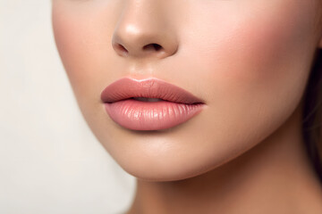 Fototapeta premium Close-up of perfect lips with nude lipstick and flawless skin