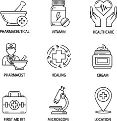 Medical and pharmaceutical line icons set for healthcare services vitamin supplements and clinical laboratory research vector