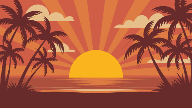 Tropical sunset scene, palm trees silhouette, ocean horizon, radiating sun, exotic beach landscape, warm evening illustration
