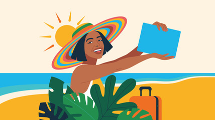 Young woman taking selfie on tropical beach, vibrant summer vacation, colorful straw hat, digital device concept