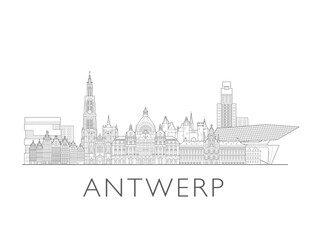 Fototapeta premium Antwerp skyline, Belgium. Urban cityscape with landmarks and monuments. Hand drawn digital skyline illustration.