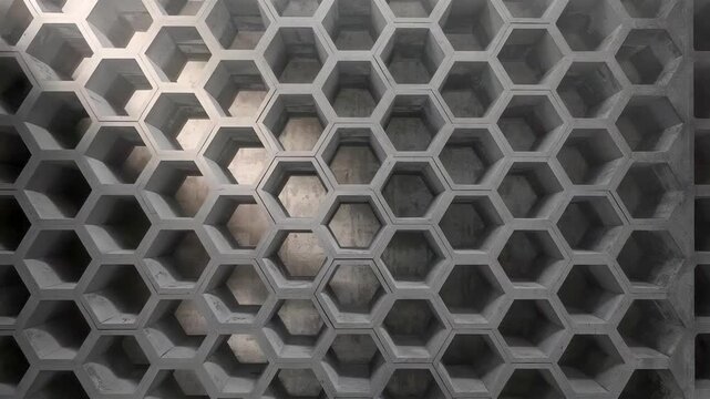 Metallic hexagonal grid surface with deep shadows and textured steel pattern, industrial geometric structure with depth and contrast