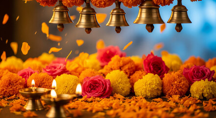 Obraz premium Festive Maha Shivaratri Background Flowers Diyas Bells