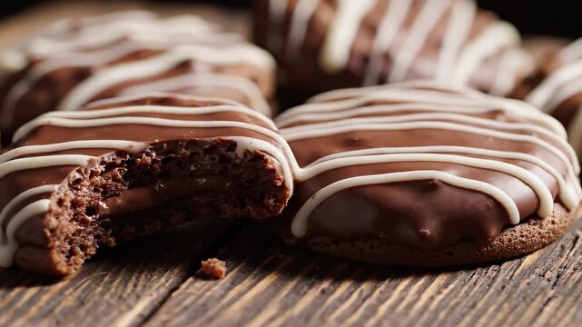 Bitten Chocolate Cookie with White Icing Drizzle