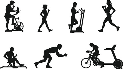 Obraz premium Silhouette figures using cardio and strength training equipment including treadmill, exercise bike, rowing machine, and sprint poses for fitness and workout routines