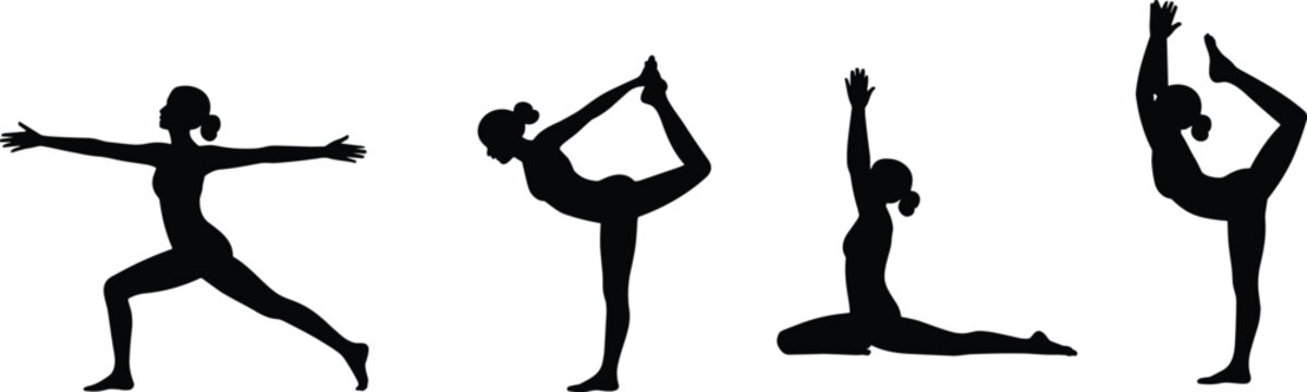 Silhouette yoga poses including warrior, dancer, pigeon, and standing split, showcasing flexibility, balance, strength, and mindfulness in graceful body movement