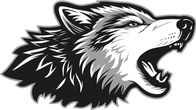 Aggressive grey wolf head illustration howling with open mouth and sharp teeth, depicting power and wild animal spirit