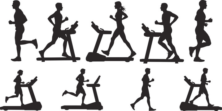 Silhouettes of people walking and running on treadmills and outdoors, showcasing diverse fitness styles, motion phases, and exercise dynamics for health and wellness themes.
