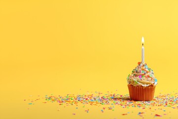 Cupcake with Lit Candle and Colorful Sprinkles on Yellow Background for Birthday Celebrations