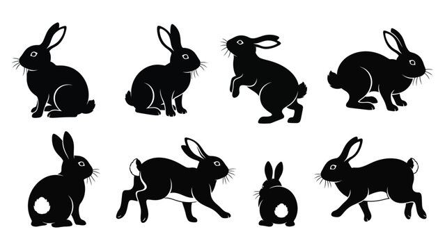 Set of black running and standing rabbit silhouettes in various poses..eps