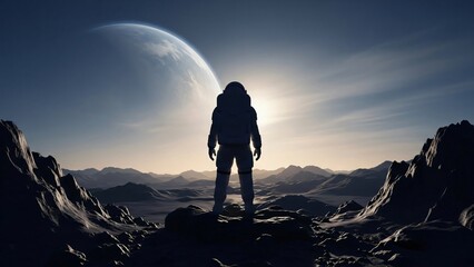 Fototapeta premium Astronaut Silhouette Standing on Rocky Alien Planet Surface Looking at Distant Moon and Sunrise