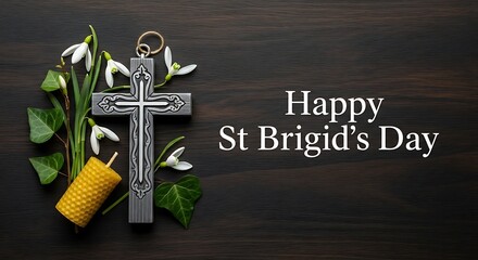 Happy St Brigid’s Day with Silver Cross, Snowdrops and Ivy on Dark Wood Background