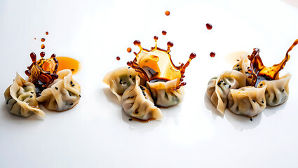 Delicious Asian Dumplings with Soy Sauce Splash on a White Background Perfect for Food Photography and Restaurant Menus