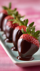chocolate covered strawberries arranged elegantly, glossy dark chocolate coating, fresh ripe strawberries, romantic valentine theme