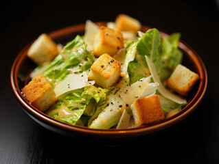 Delicious Caesar Salad with Fresh Romaine Lettuce Crispy Croutons and Parmesan Cheese in a Rustic Bowl Perfect for Healthy Eating