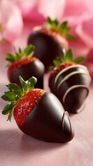 chocolate covered strawberries arranged elegantly, glossy dark chocolate coating, fresh ripe strawberries, romantic valentine theme