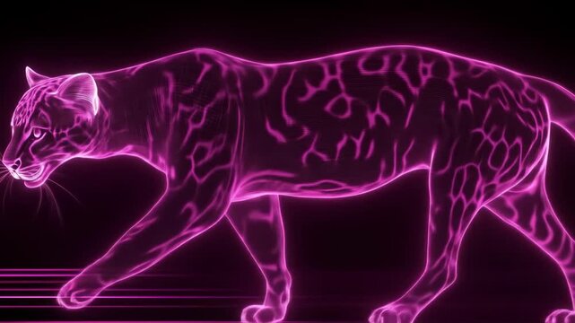 Neon glowing stylized feline figure on a dark background walks forward
