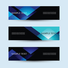 Naklejka premium Abstract Blue Geometric Banner Templates. A set of three horizontal banner templates featuring abstract geometric designs with overlapping translucent shapes in shades of blue, purple, and black. 
