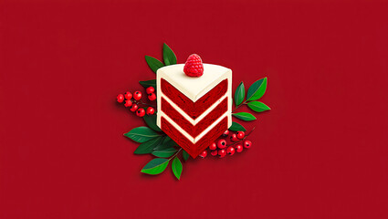 Delicious Red Velvet Cake Slice with Raspberry Topping and Festive Berries on a Rich Red Background Festive Dessert Celebration