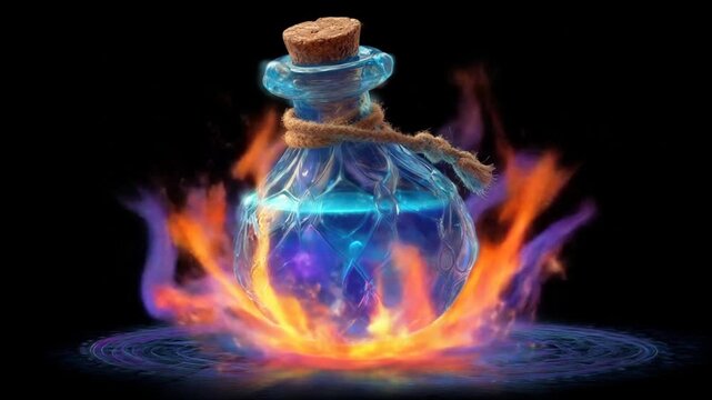 Glowing liquid potion bottle with flames digital art dark background