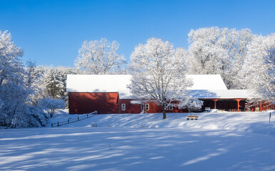 Red barn in Northwest Park in winter
