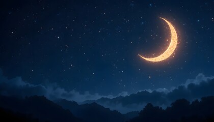Naklejka premium Ramadan Night Sky Background with Glowing Crescent