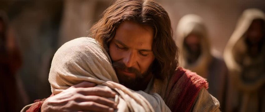 Jesus offering a comforting embrace, symbolizing love, forgiveness, faith